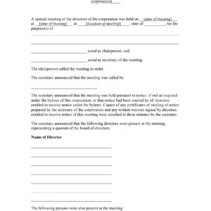 Minutes of Special Meeting of Directors of Corporation
